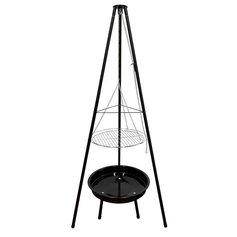 Statief met rooster en vuurschaal | | Buiten barbecue op hout | Zwart afbeelding