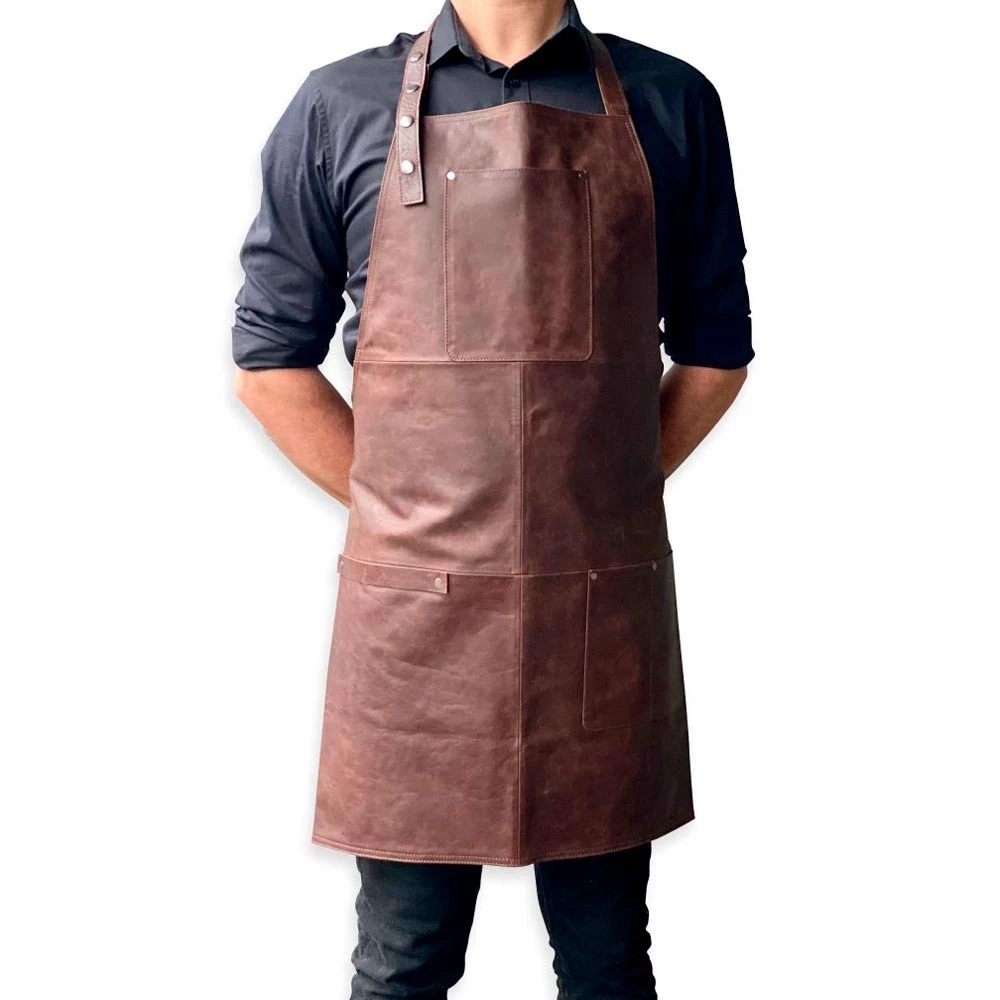 Schort van donkerbruin leer  | Bioethanolhaard-shop.nl | BBQ Accessories