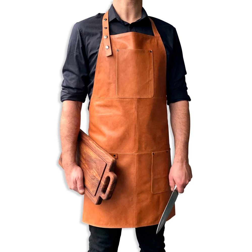 Schort van lichtbruin leer  | Bioethanolhaard-shop.nl | BBQ Accessories