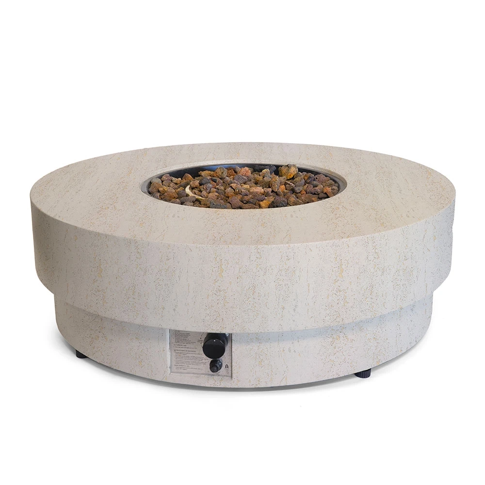 Happy Cocooning Estate Round 105 Travertine gasvuurtafel van  � composiet steenlook buitentafel 105 cm � 16,5 kW