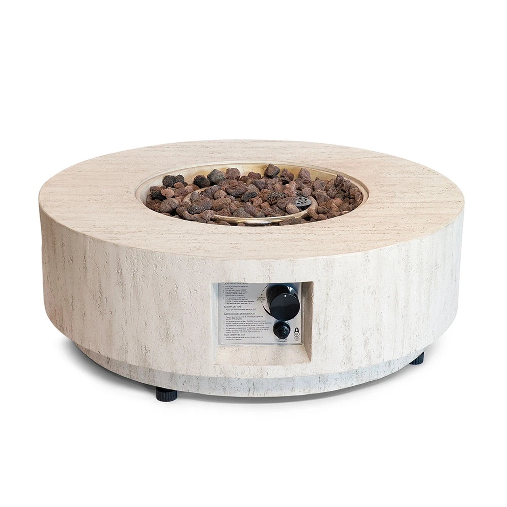 Happy Cocooning Estate Round 76 Travertine gasvuurtafel van  � composiet steenlook buitentafel 76 cm � 13,5 kW