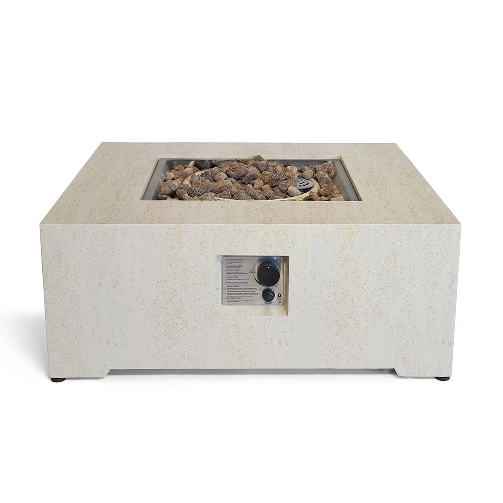 Happy Cocooning Estate Square 88 Travertine Gasvuurtafel � Composiet Steenlook Buitentafel 88 cm � 16,5 kW