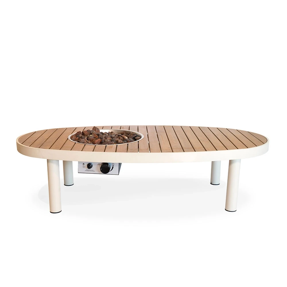 Happy Cocooning Riviera 140 Oyster Beige Gasvuurtafel � Ovale Buitentafel 140 cm met Acaciahouten Tafelblad
