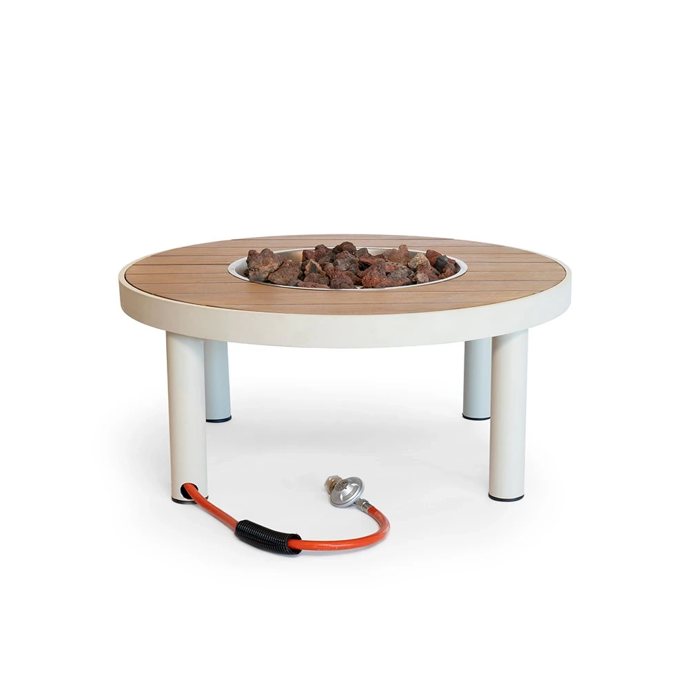 Happy Cocooning Riviera 80 Oyster Beige gasvuurtafel van  � ronde buitentafel 80 cm met acaciahouten tafelblad