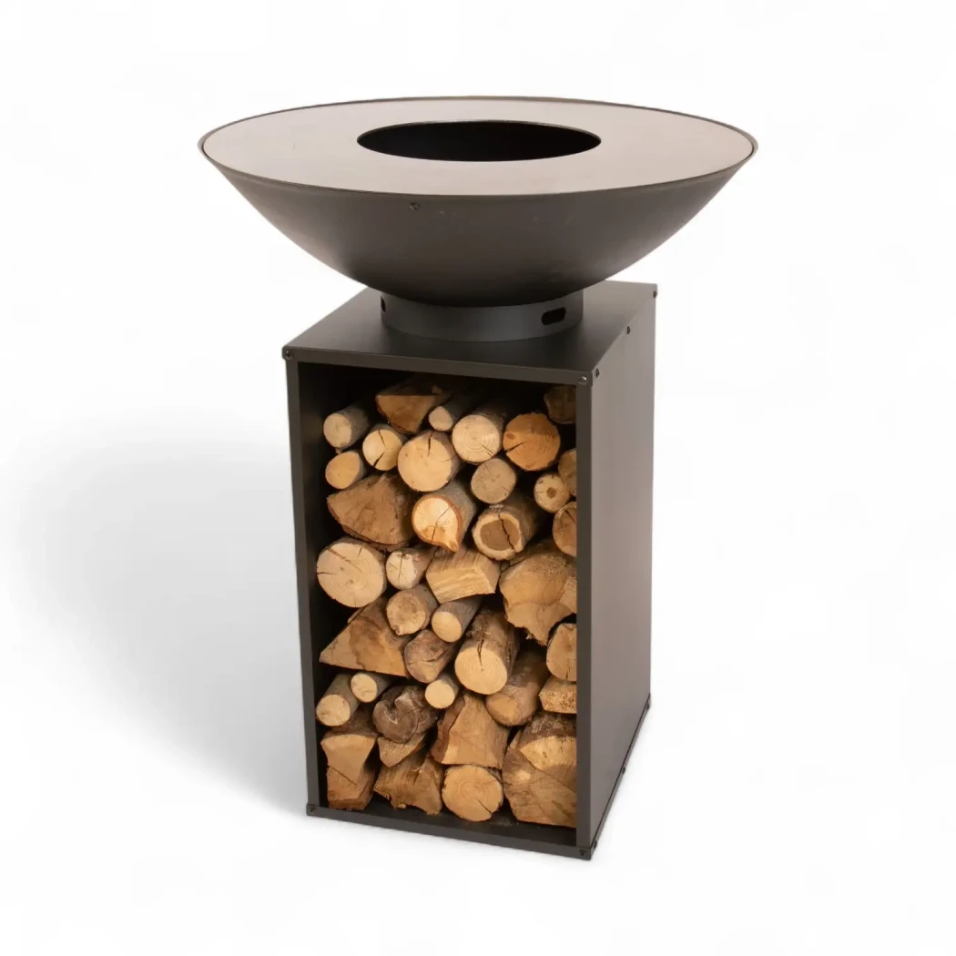 Onyx Ø80 bålfad med grill og brændeopbevaring Red Fire  | Bioethanolhaard-shop.nl | Buiten barbecue op hout