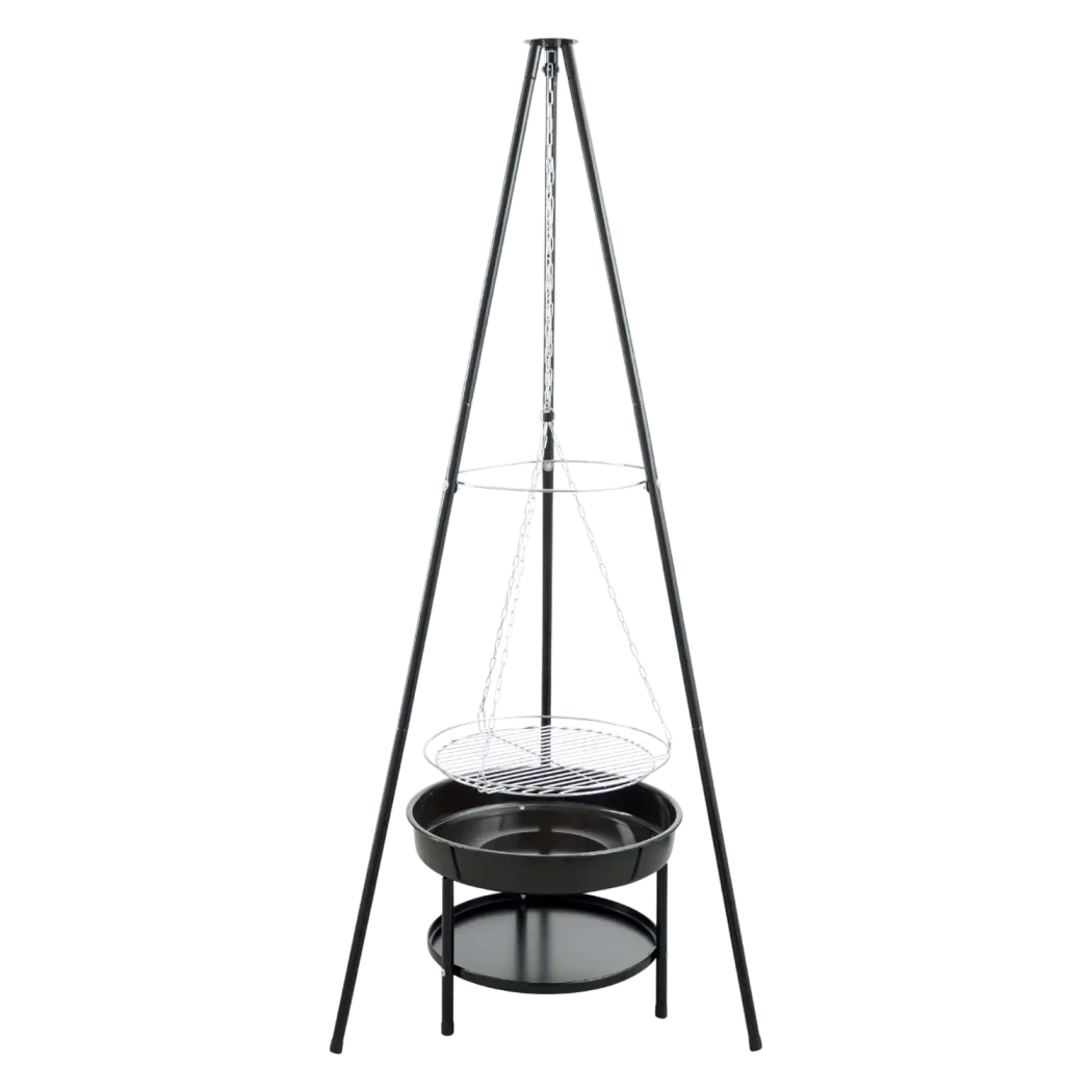 Tripod med Ø50 bålfad Red Fire  | Bioethanolhaard-shop.nl | Buiten barbecue op hout