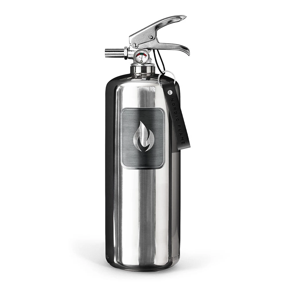 Stalen brandblusser 2 kg - gepolijst staal Nordic Flame  | Bioethanolhaard-shop.nl | Accessoires voor een bio-ethanol haard