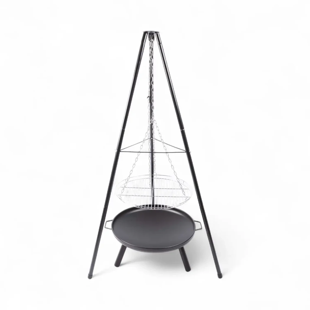 Tripod med Ø59 bålfad Red Fire  | Bioethanolhaard-shop.nl | Buiten barbecue op hout